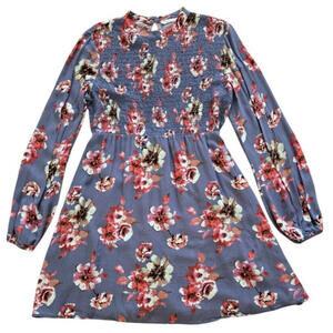 LUSH Dress Fall Floral Grey Swing Tunic Dress Long Bubble Sleeve High Neck